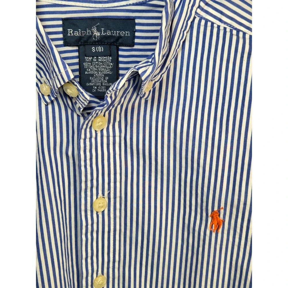 Ralph Lauren Kids Blue White Striped Button Down Shirt Size S 8 Orange Pony Logo